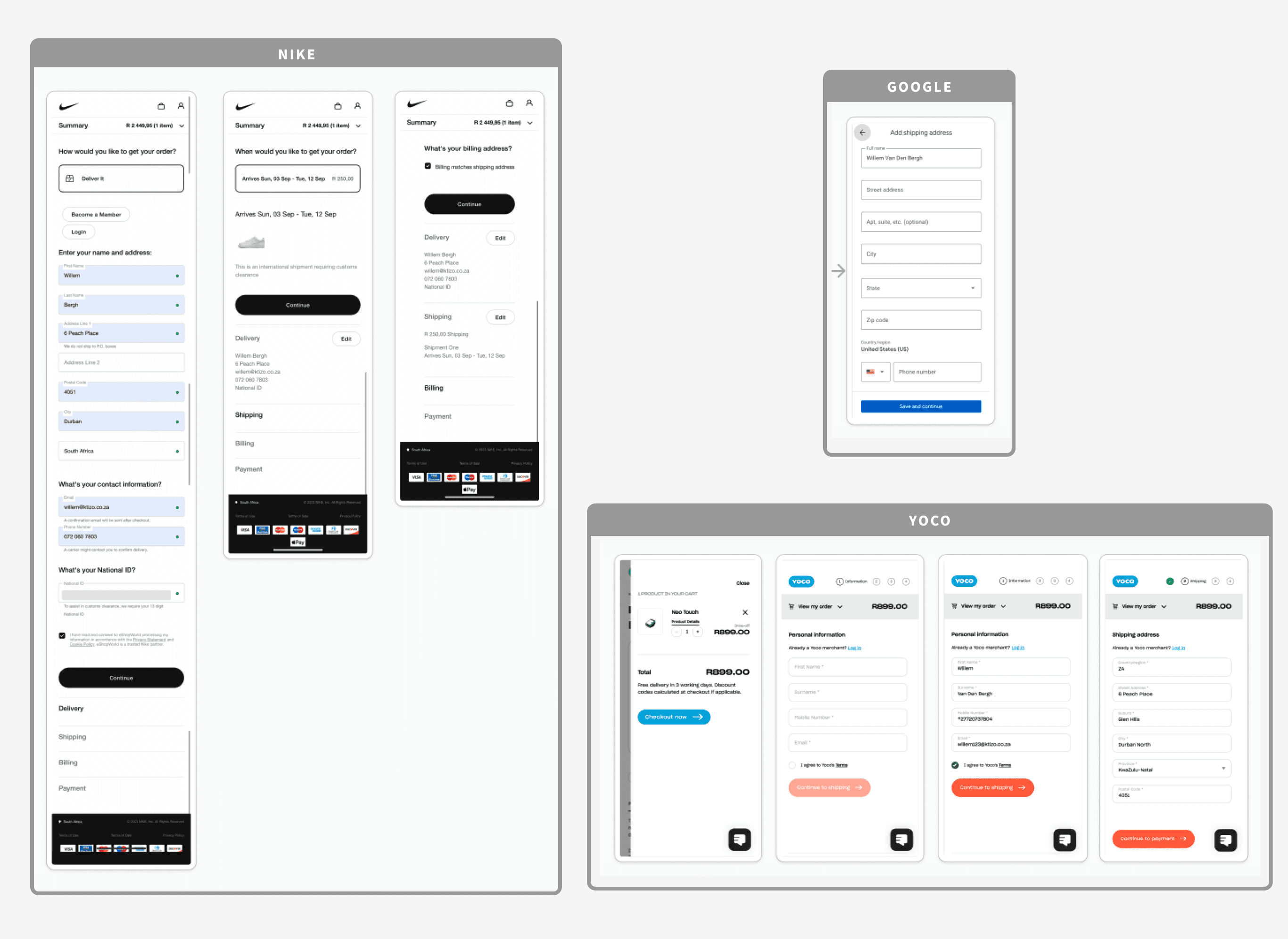 Competitor purchase journey screens for Nike, Google, and Yoco