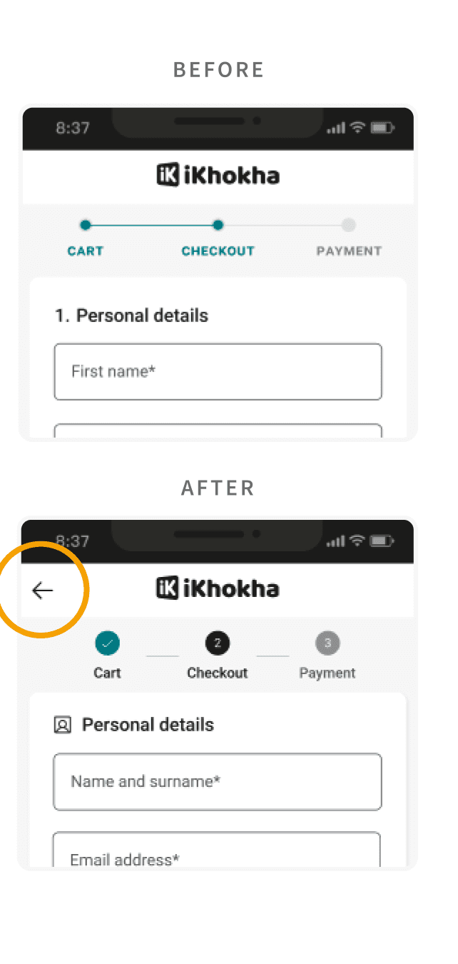 Before and after checkout screens showing the added back button