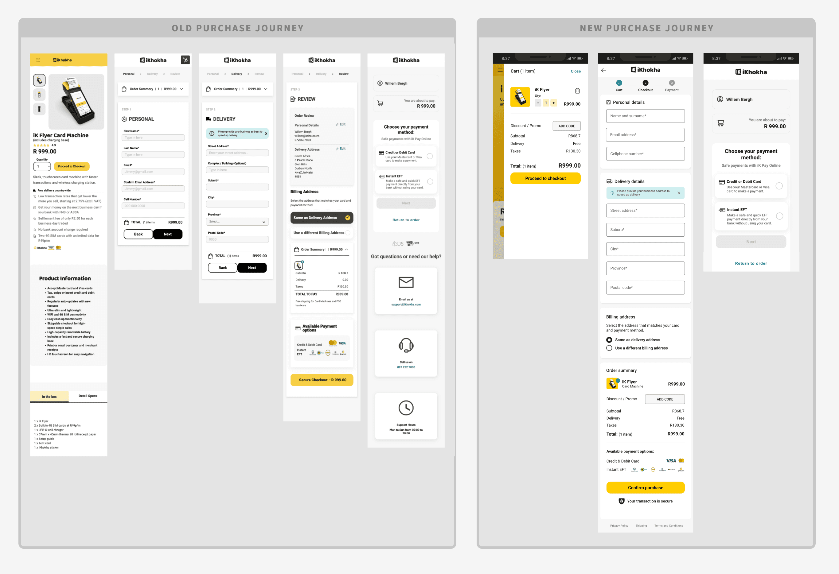 Side-by-side comparison of the old multi-step and new single-step purchase journey screens