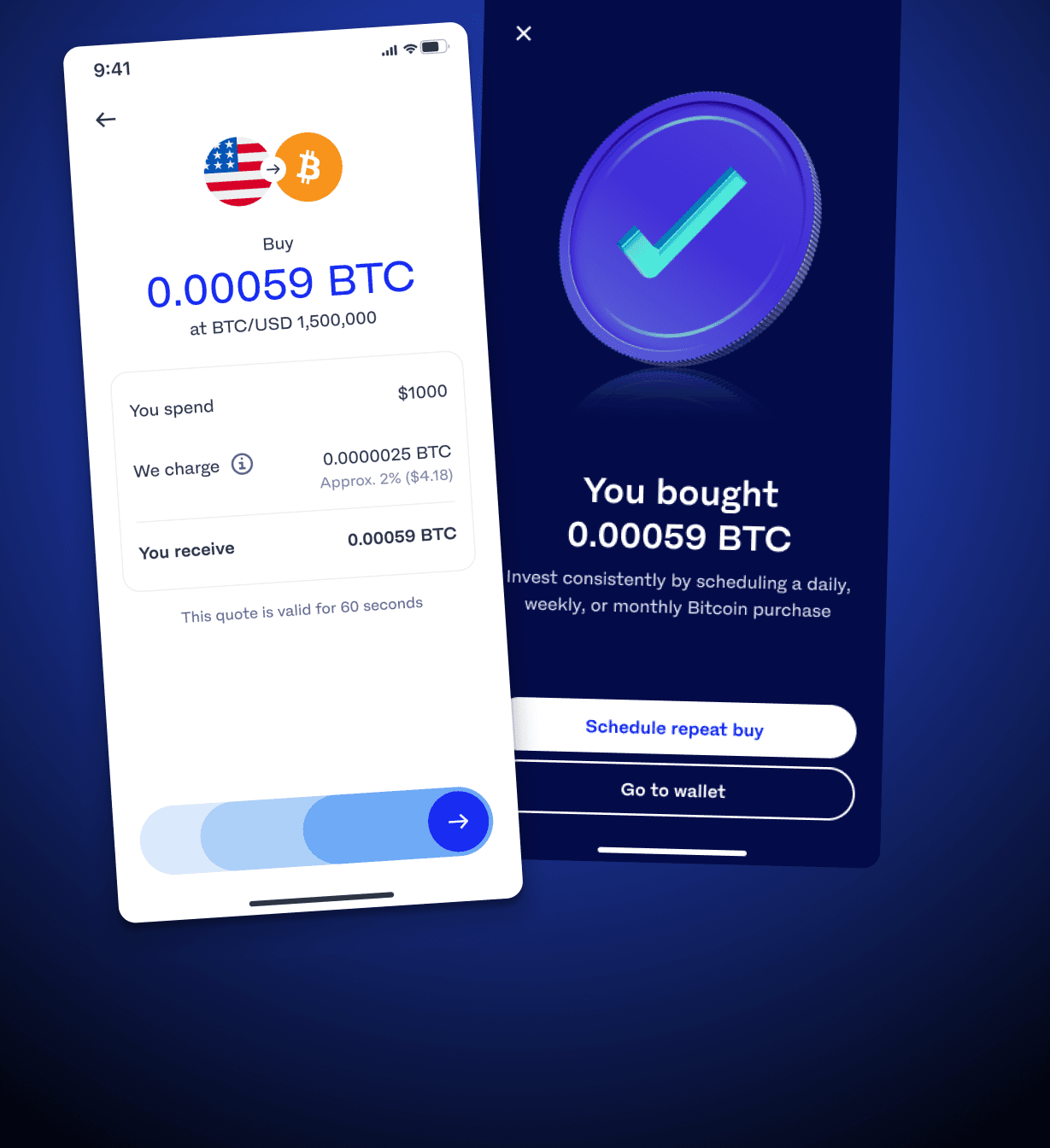 Final buy confirmation and success screens