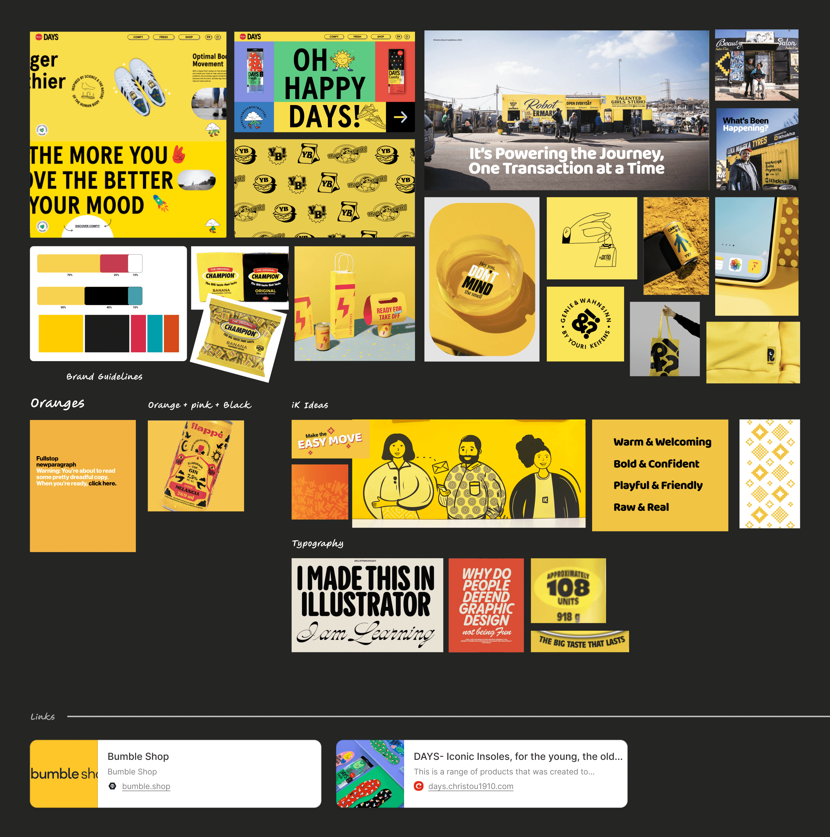 Moodboard collage of merchant photography, colour palettes and brand inspiration