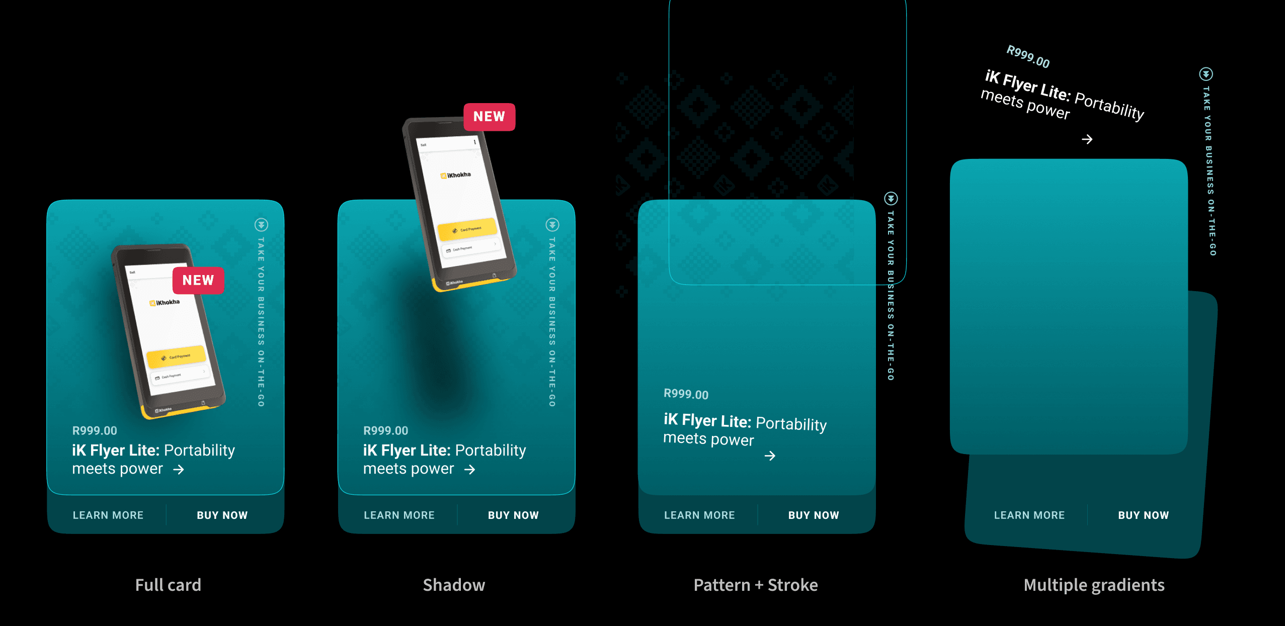 Card deconstruction — full card, shadow, pattern and gradient variations