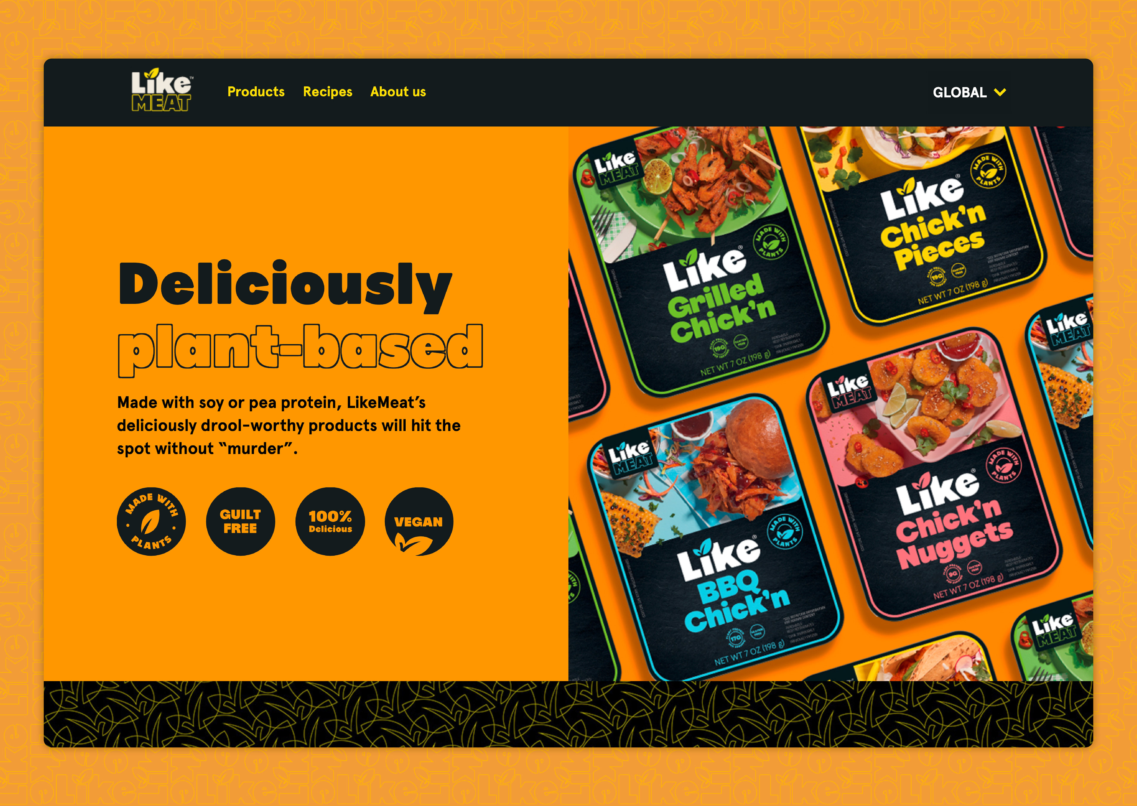 LikeMeat product pages with colourful packaging and food-type filters