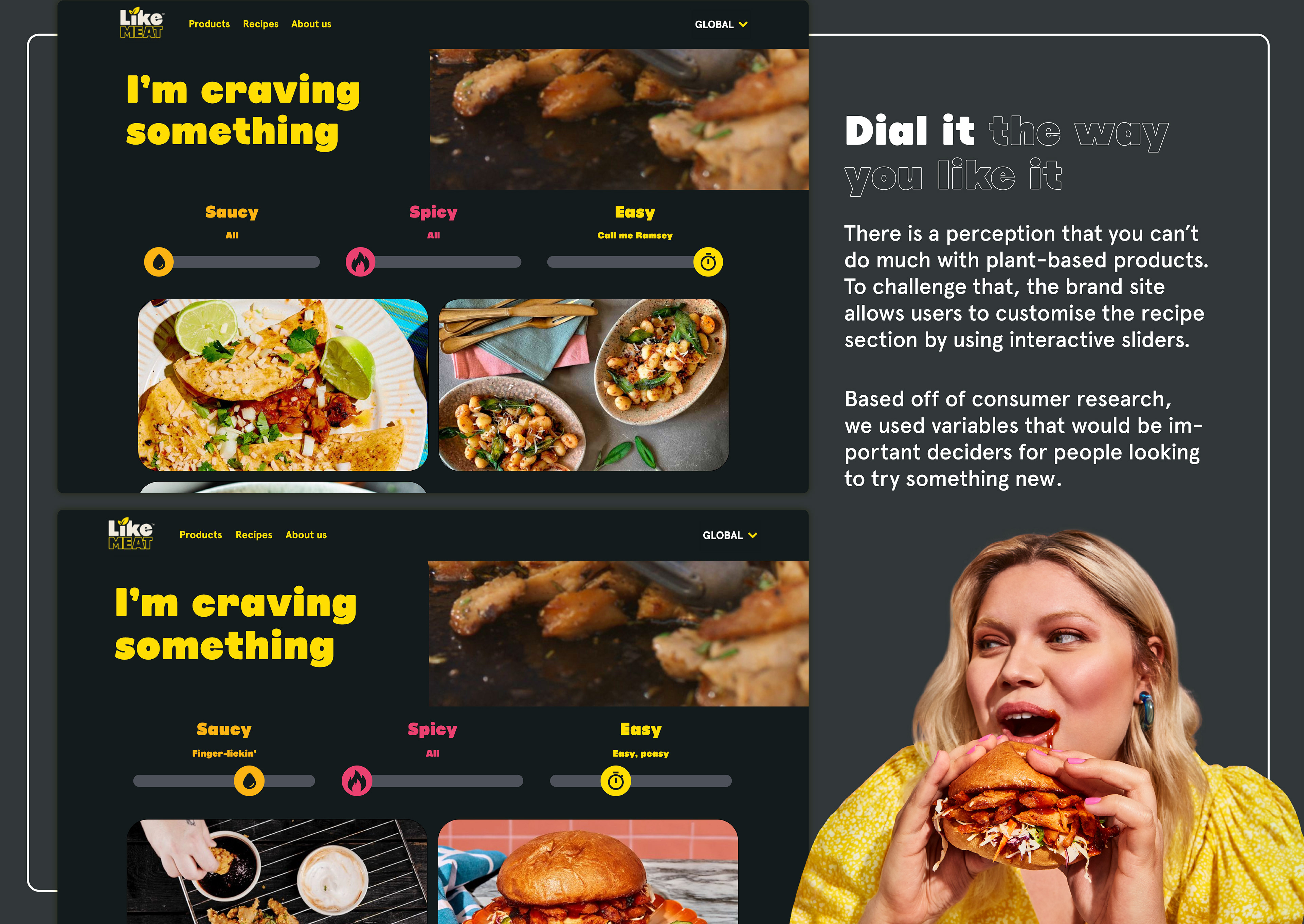 Recipe slider — I’m craving something, with Saucy, Spicy, and Easy controls